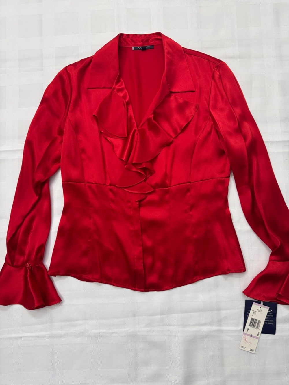 Anne Klein Red Satin Ruffled Button-Front Blouse